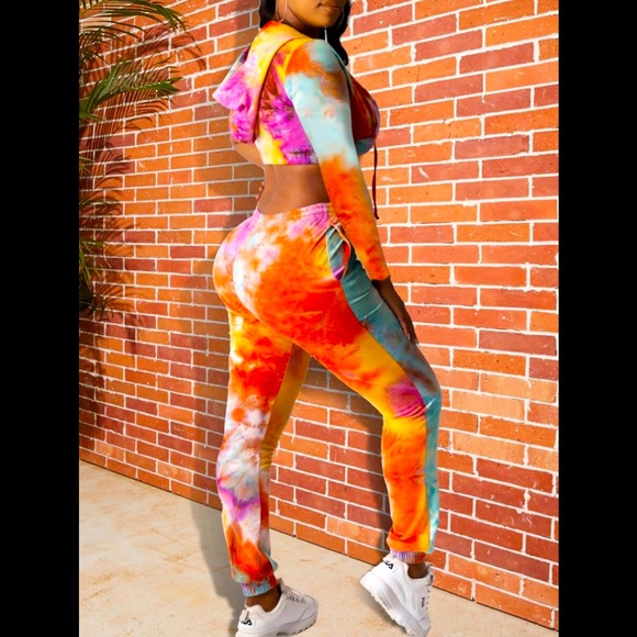 Hoodie Tie Dye Pullover Tie Dye Ruched Crop Top & Drawstring Pants Cotton Outfit - Picture 1 of 4
